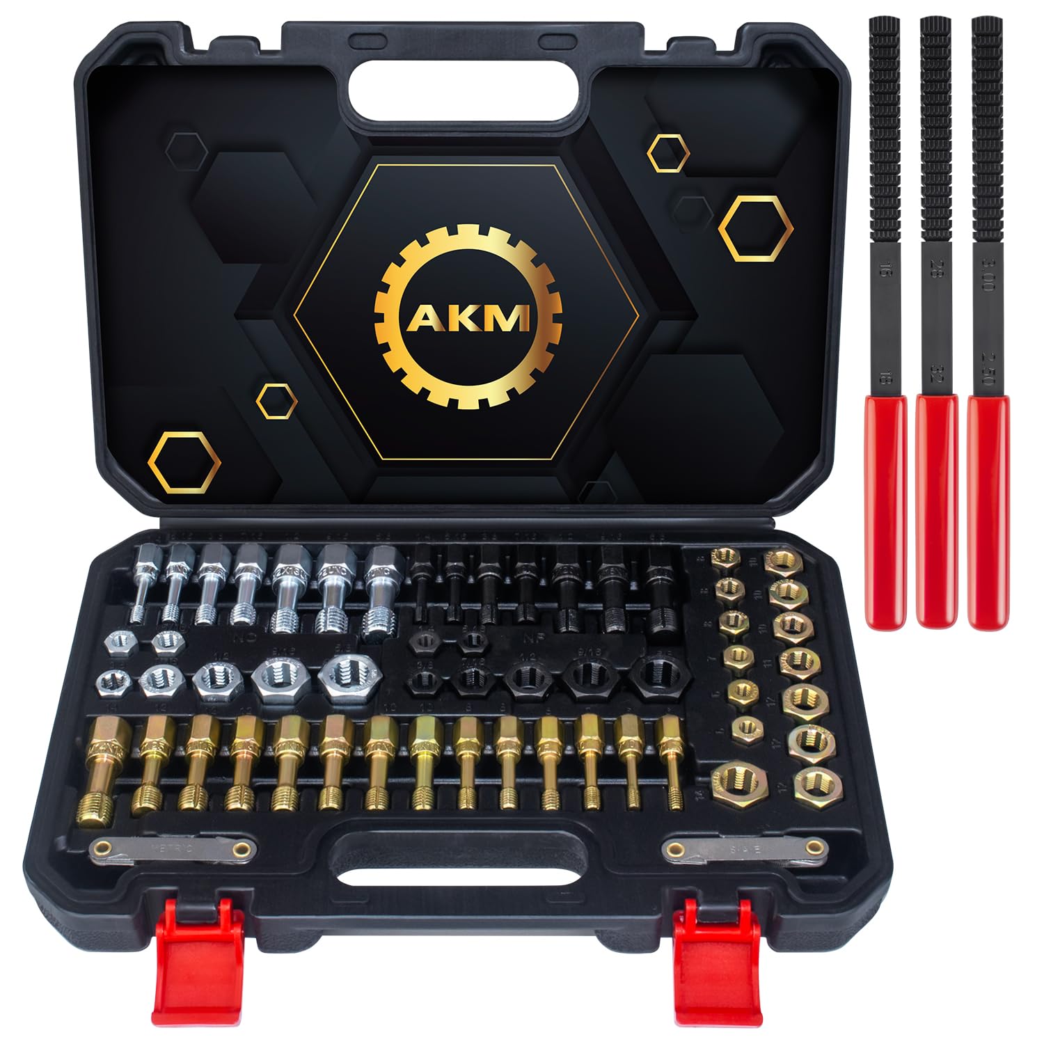 AKM 61Pcs Thread Restorer Kit front view for portable on-site repairs.