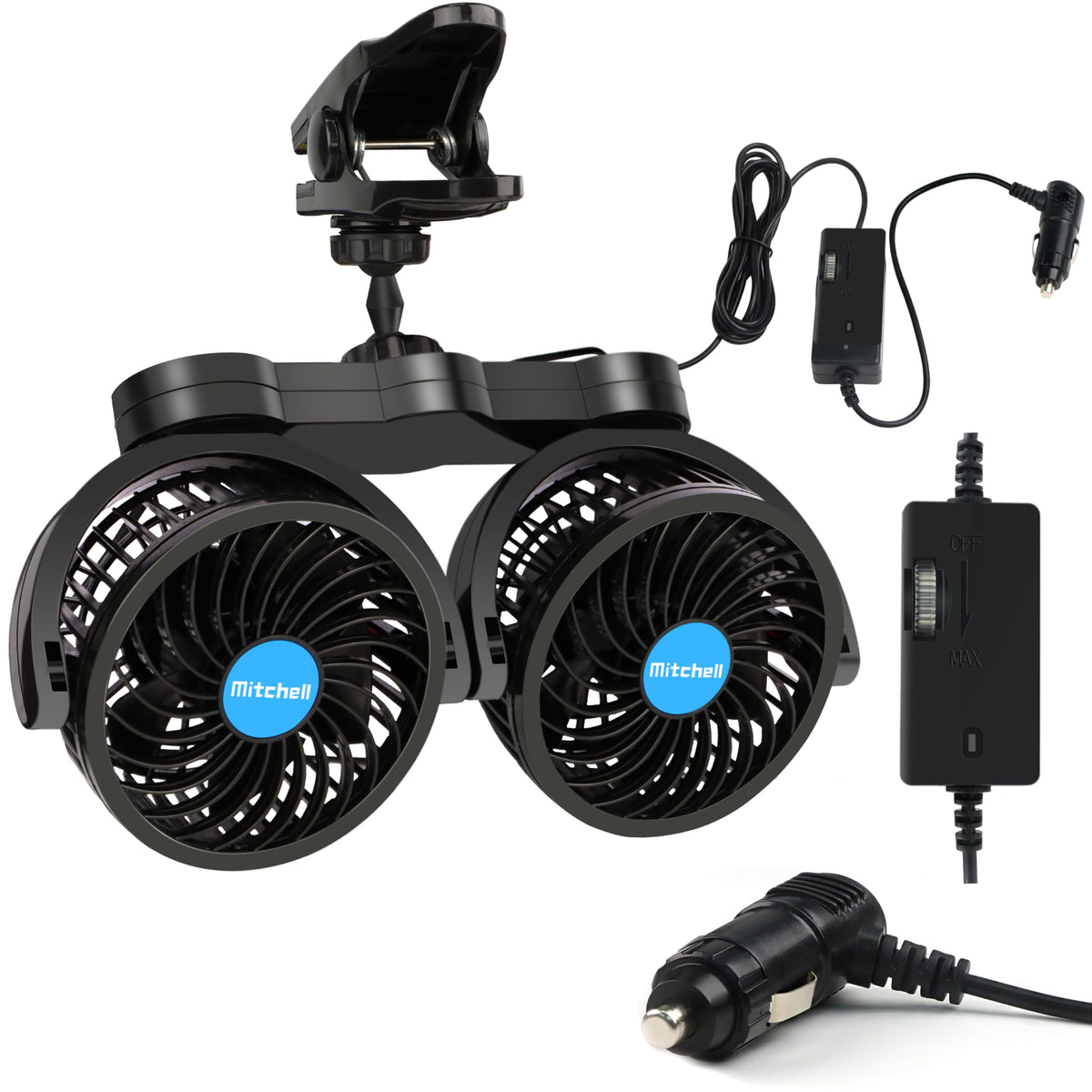 Alagoo 12V dual-head car fan with front-seat clip for rapid cooling on hot commutes
