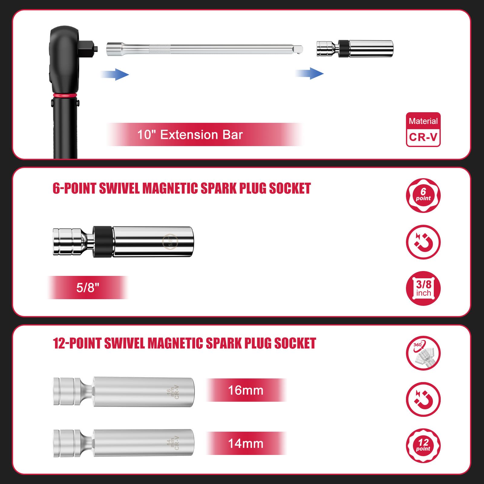 ALAIAL 14mm and 16mm spark plug sockets with 12-point grip