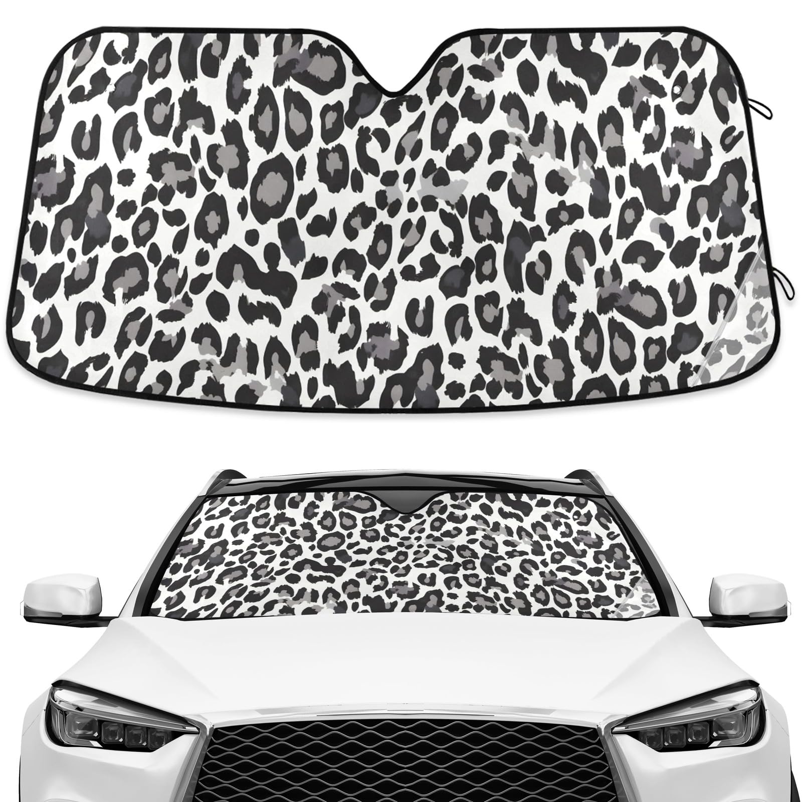 ALAZA Black White Leopard windshield sun shade blocks UV rays and cools the cabin