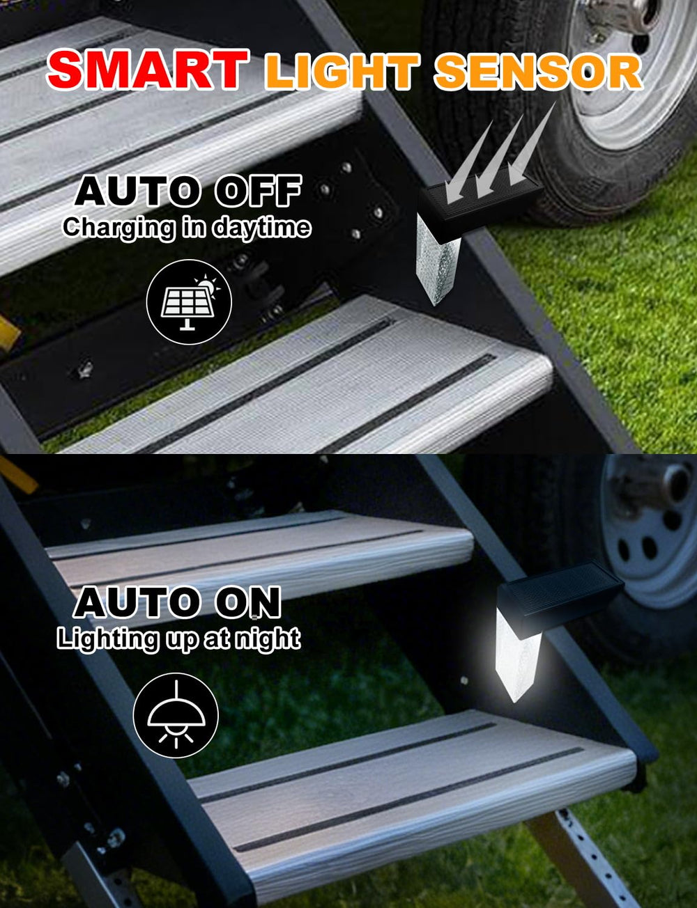 ALDST RV step lights mounted on the side improve exterior step safety.