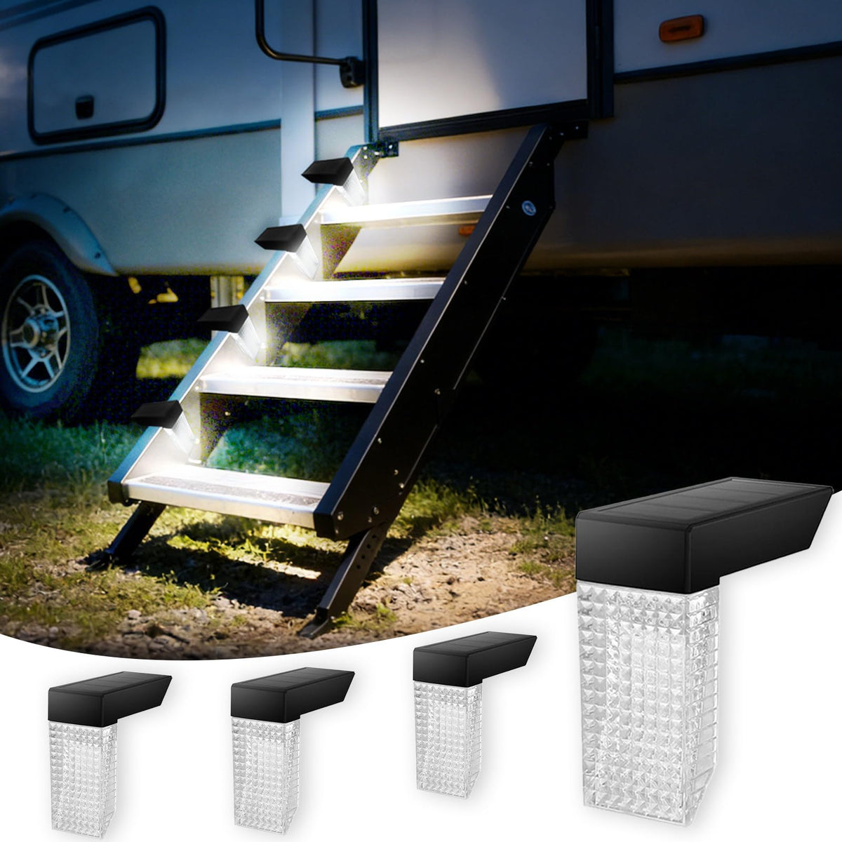 ALDST solar RV step lights on the top step provide safe nighttime visibility.