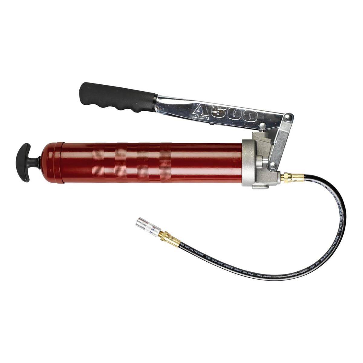 Alemite 500-E lever-action grease gun with rugged aluminum head for reliable lubrication in tough jobs.
