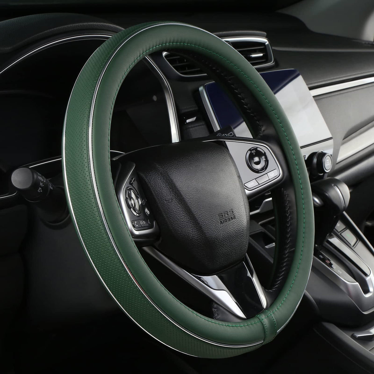 Alemodr green leather steering wheel cover with silver fiber strip for comfortable grip