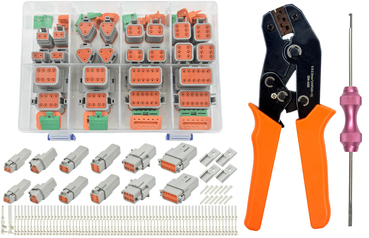 ALFOCI Deutsch DT connector kit with crimper, enabling quick, reliable terminations.