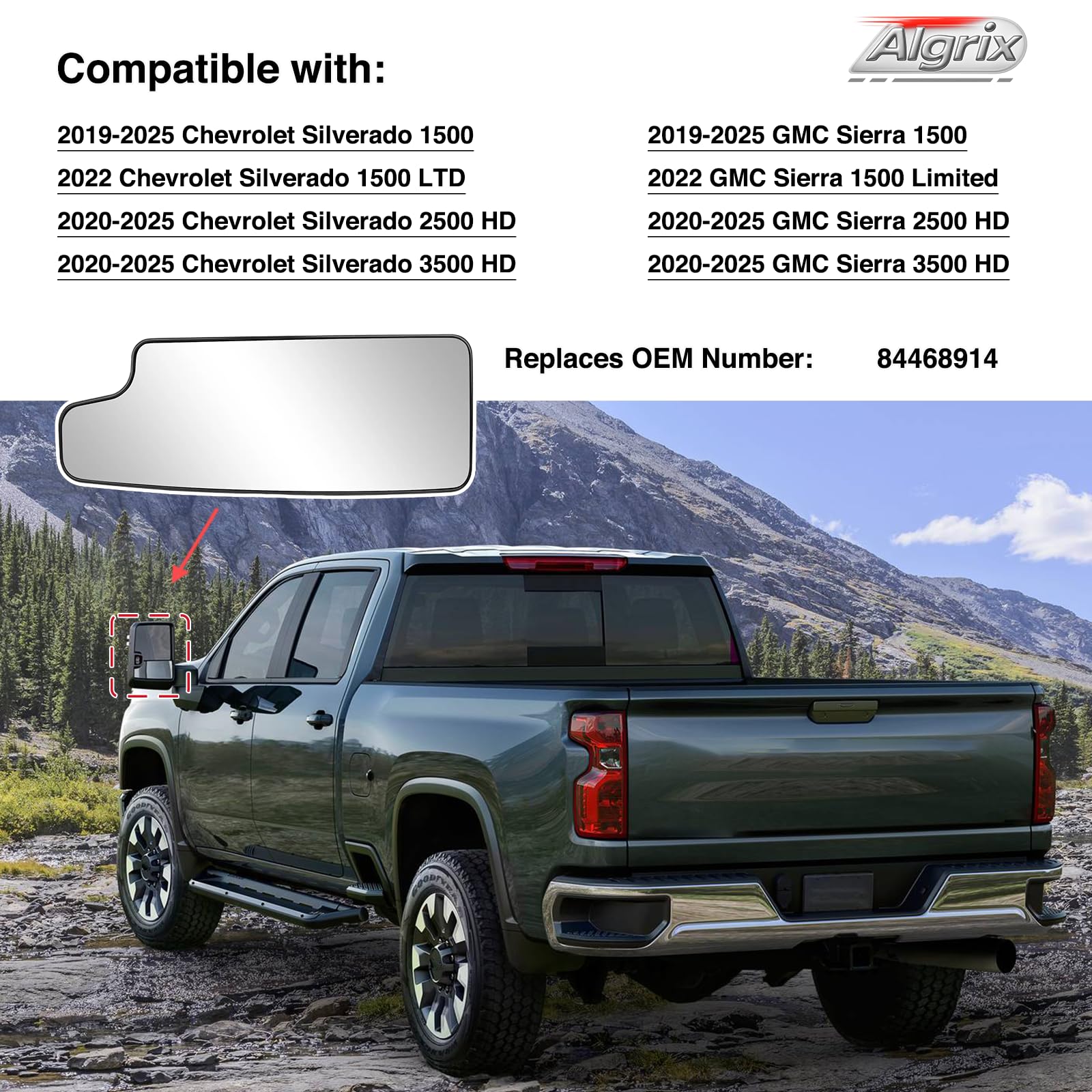 Algrix lower towing mirror glass back plate for GMC Sierra delivers durable, shatter-resistant performance.