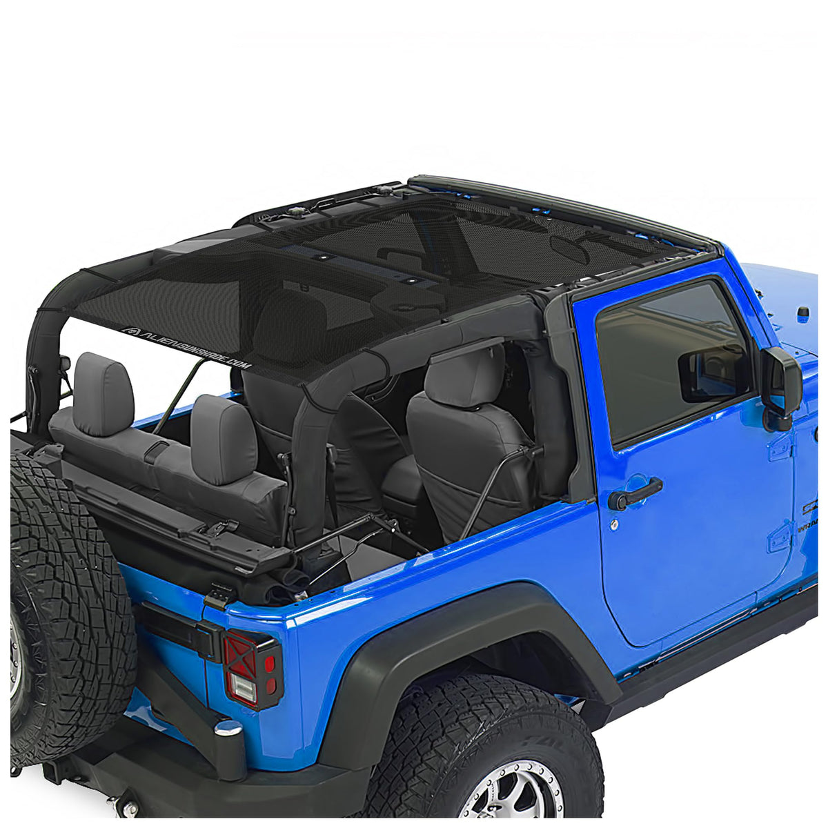 Alien Sunshade full-length mesh shade on a Jeep Wrangler JK for open-air comfort.