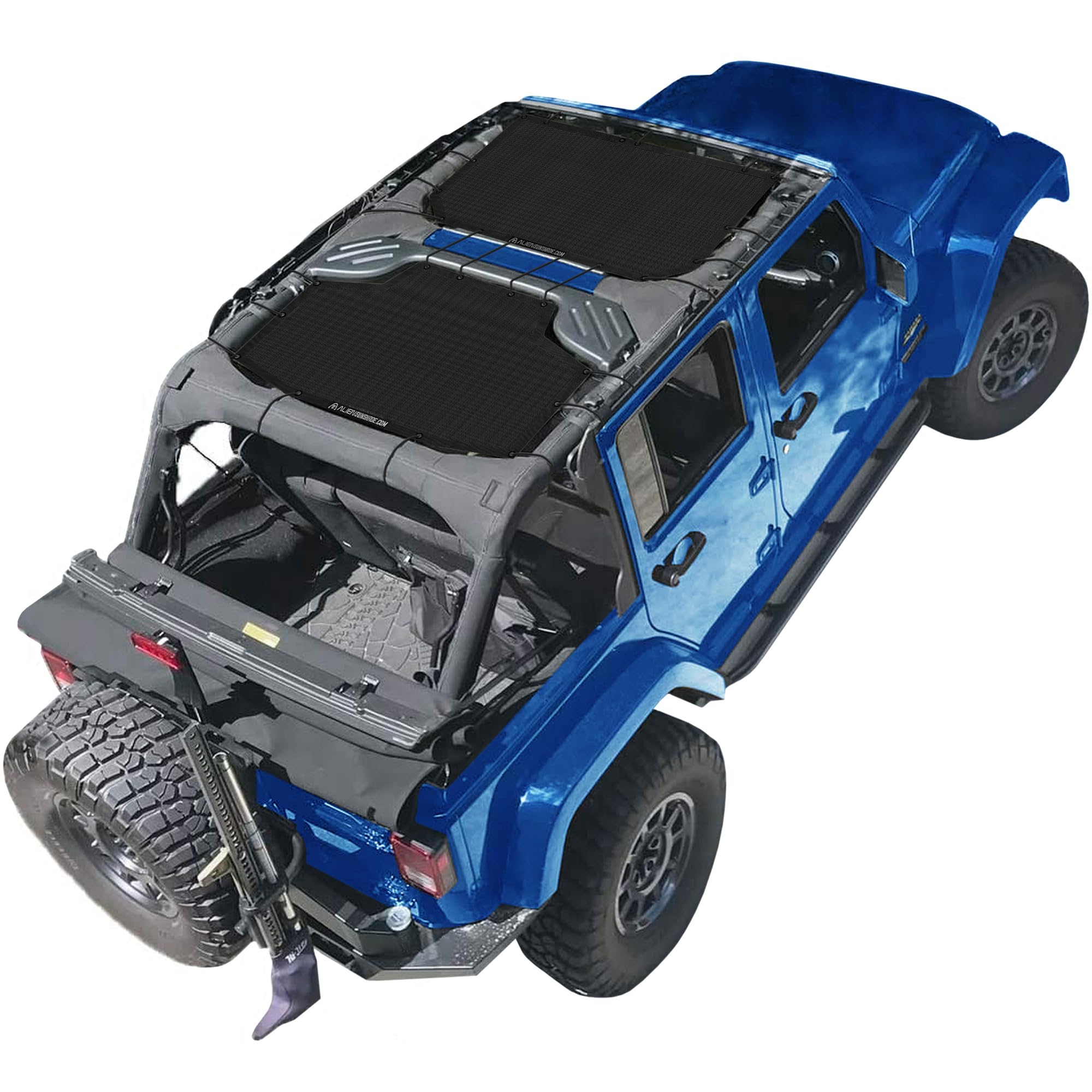 Alien Sunshade JKU front and rear mesh sunshade over roll bars for UV protection.