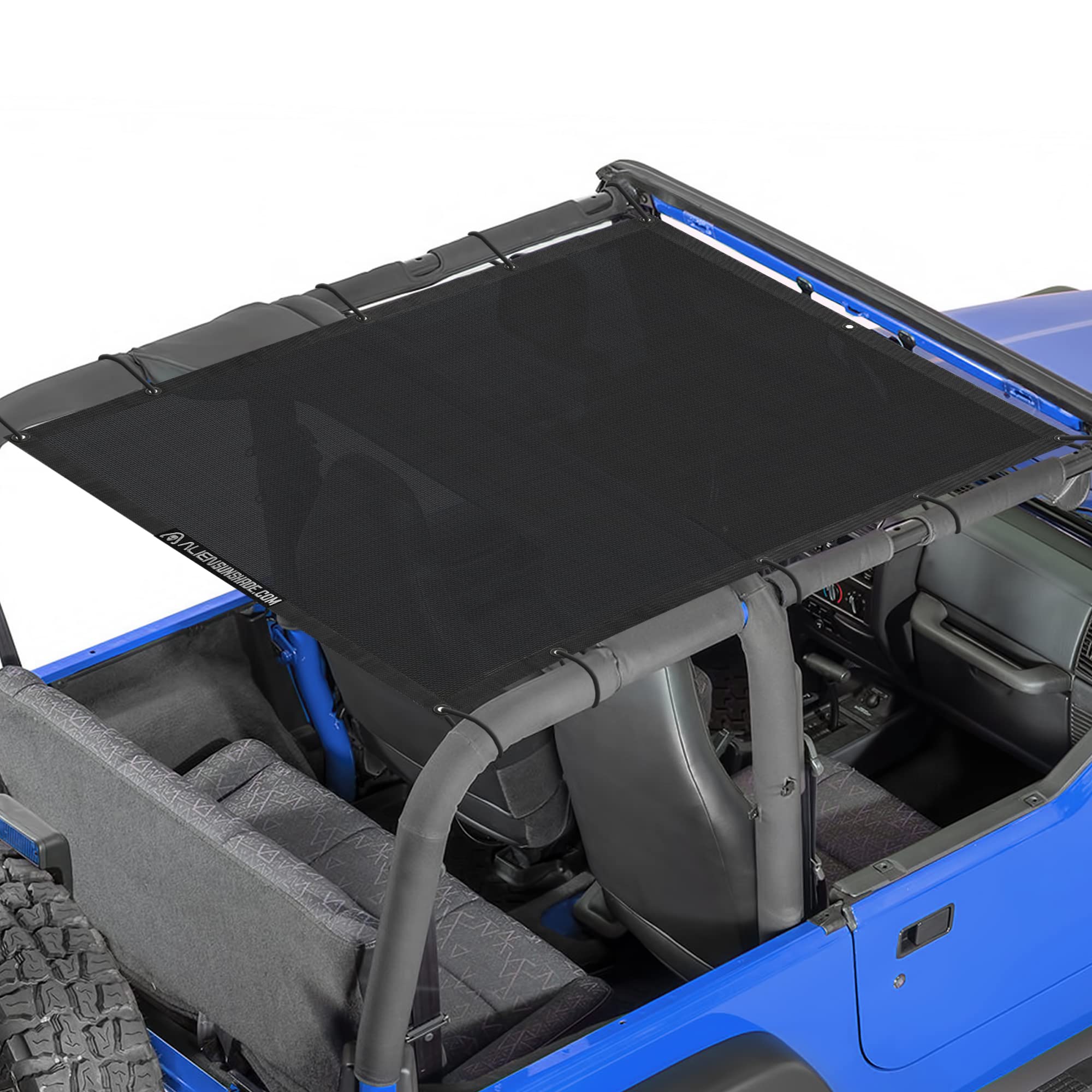 Alien Sunshade full-length mesh sun shade for Jeep Wrangler TJ blocks sun glare during topless drives.