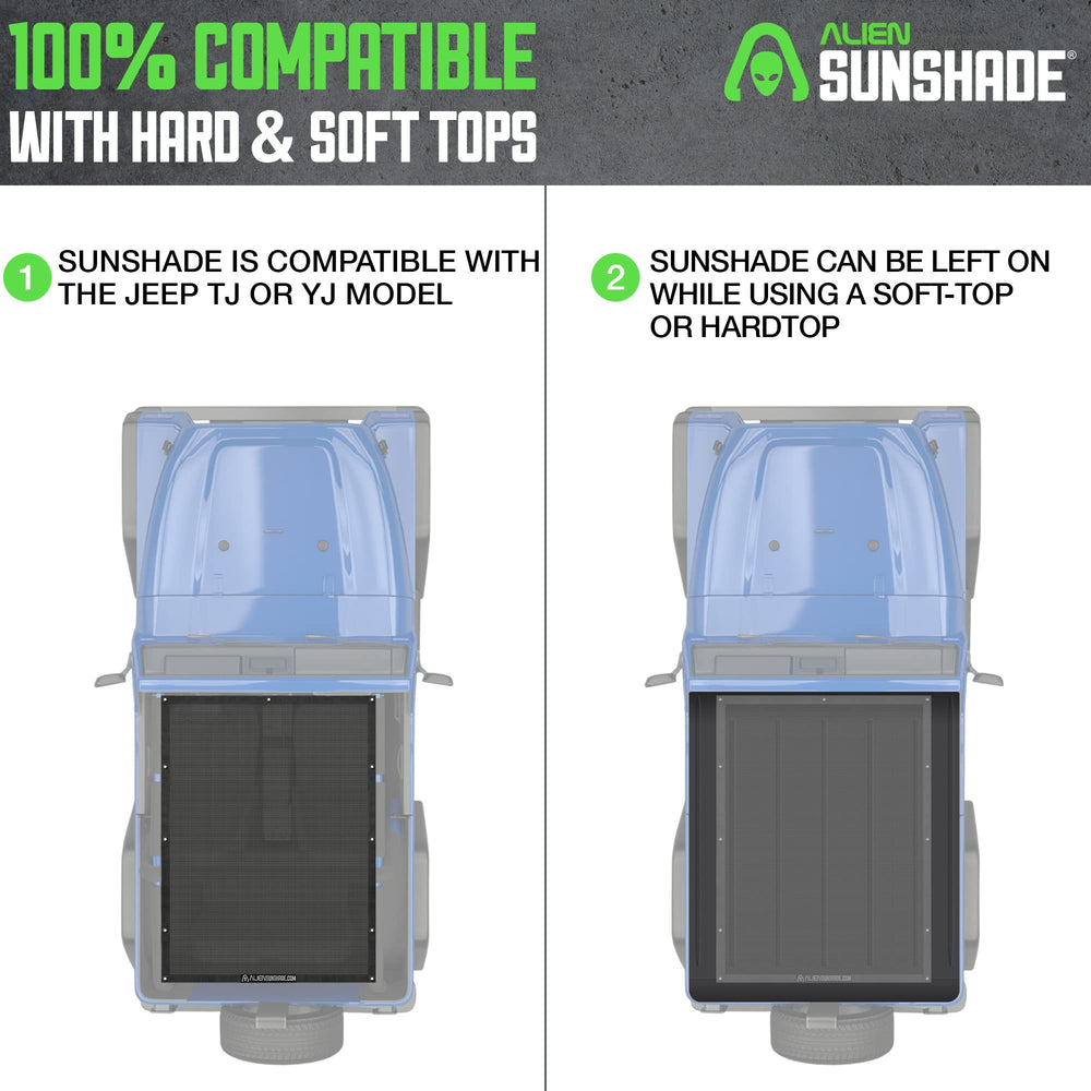 Alien Sunshade YJ sun shade blocks UV while enjoying scenic backroad drives.