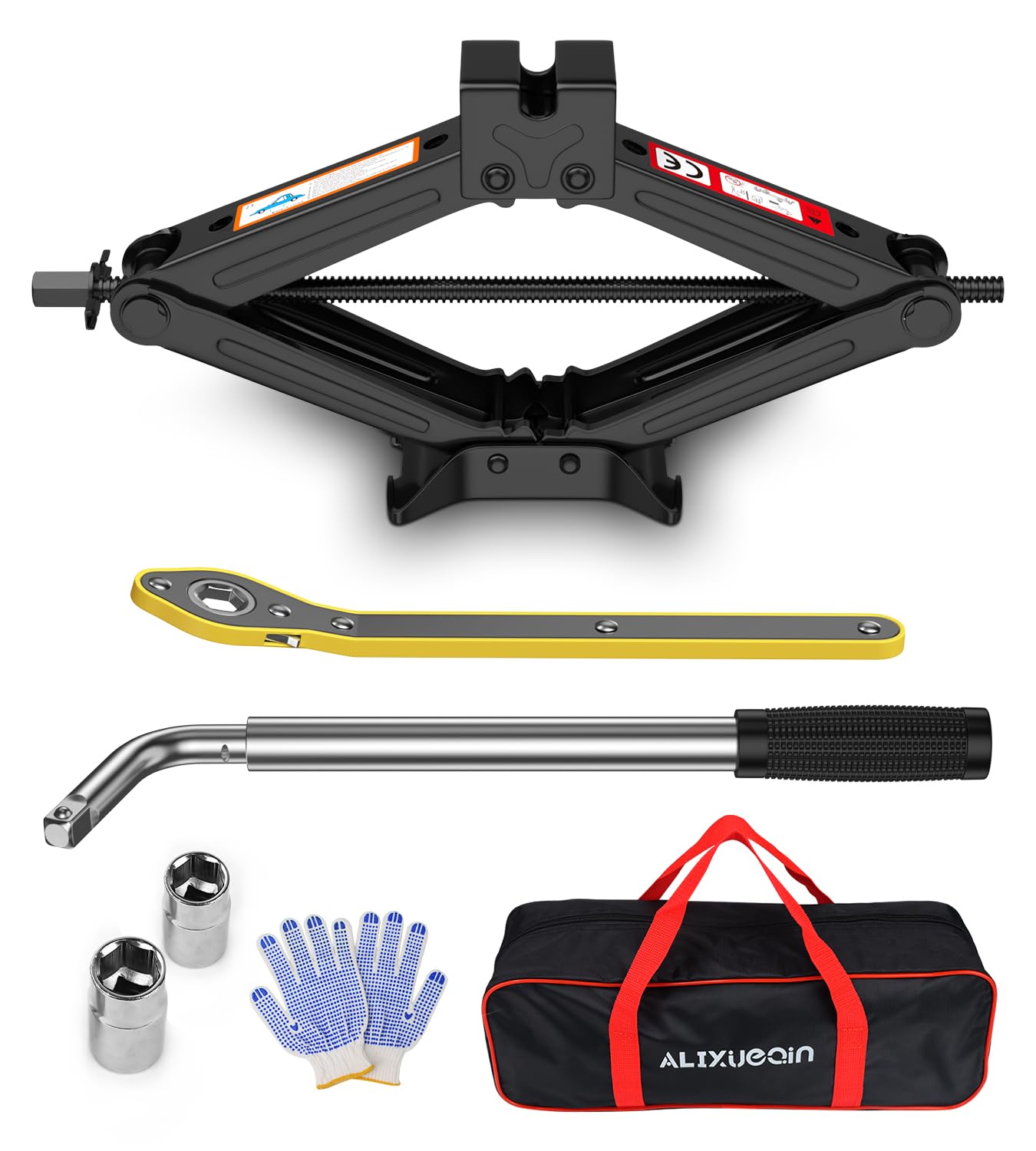 ALIXUEQIN car jack kit shows 2-ton capacity for dependable roadside tire changes.