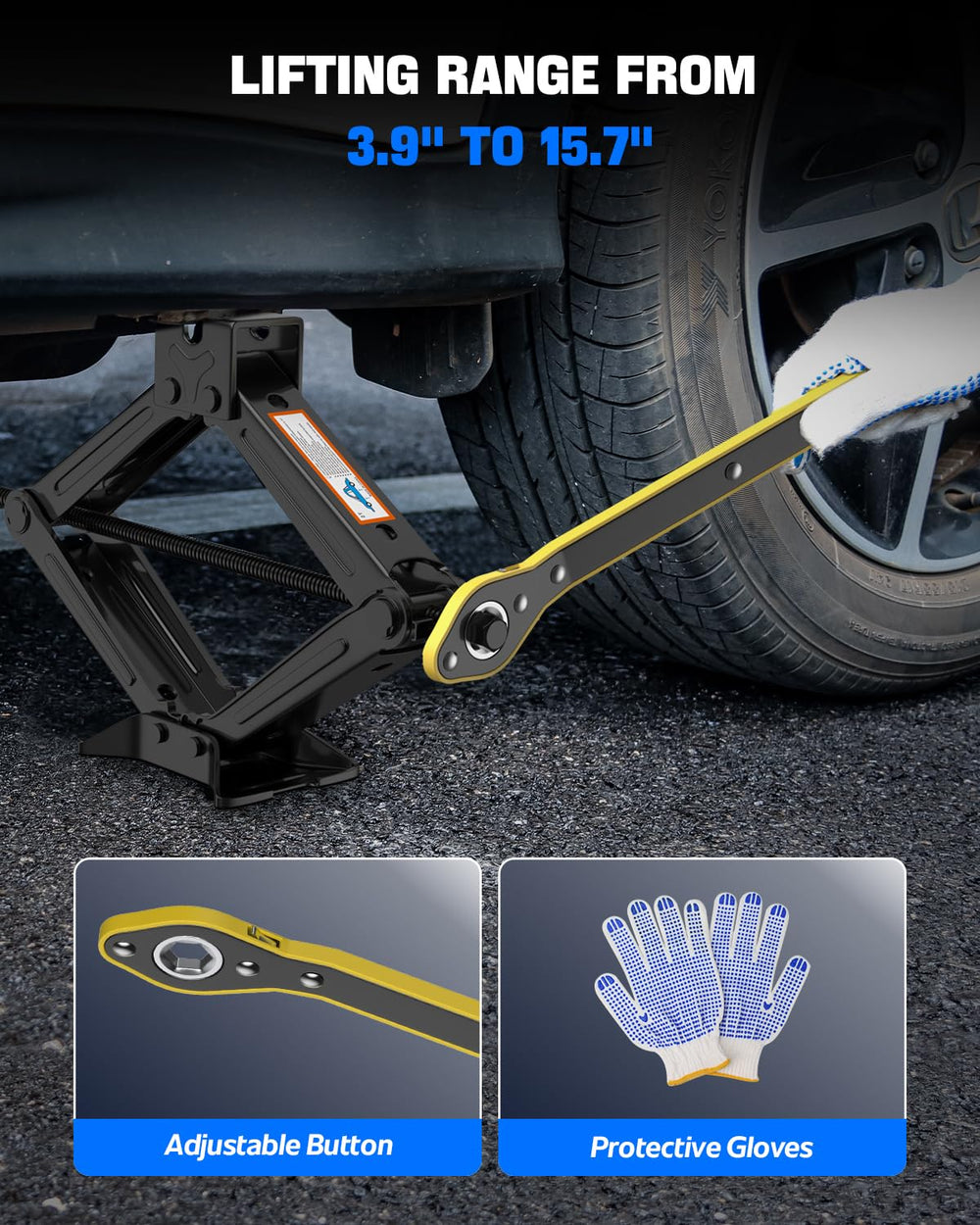ALIXUEQIN car jack kit includes complete emergency tools for on-the-spot tire replacement.