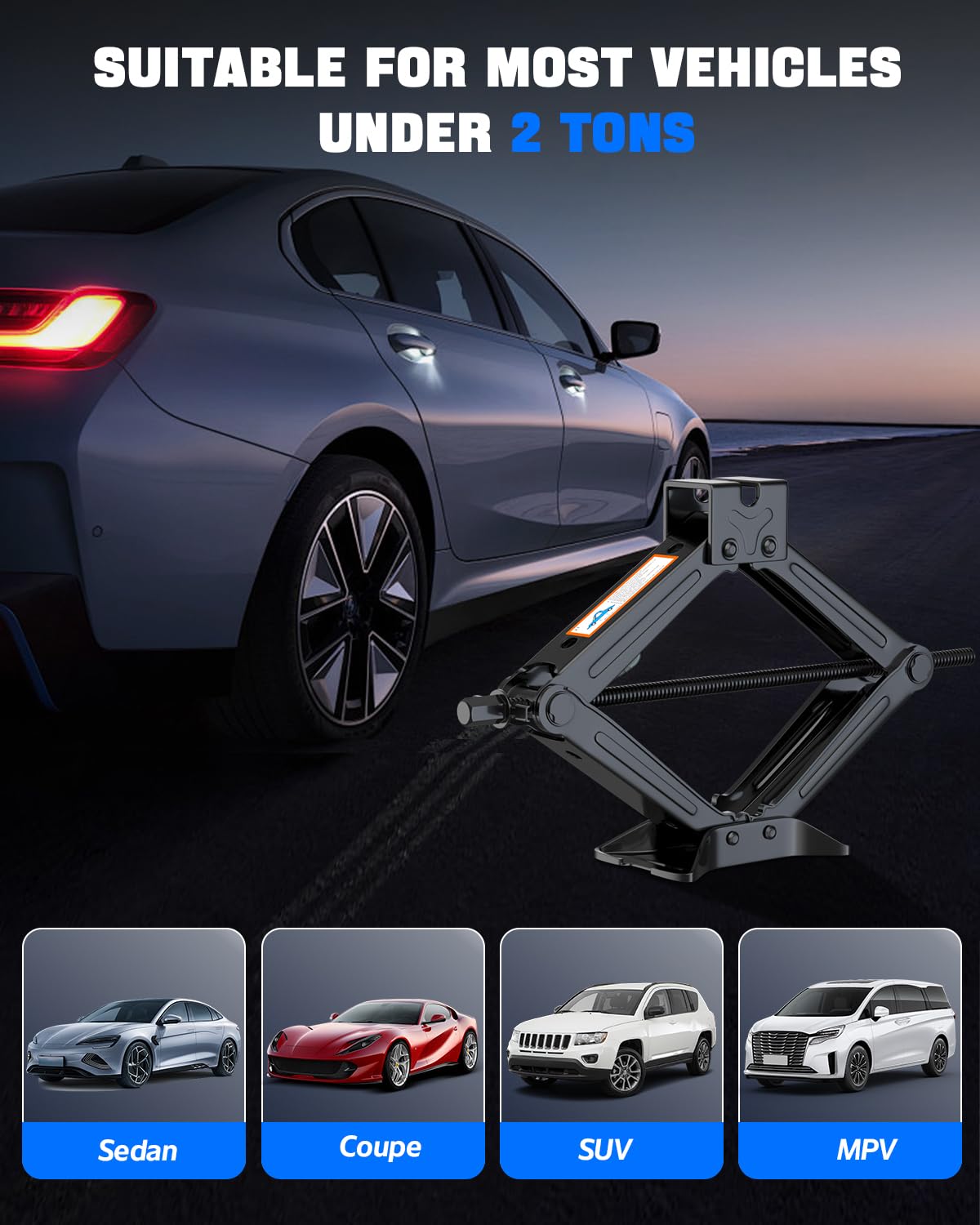 ALIXUEQIN car jack kit built with cold-rolled steel and enlarged base for stability.