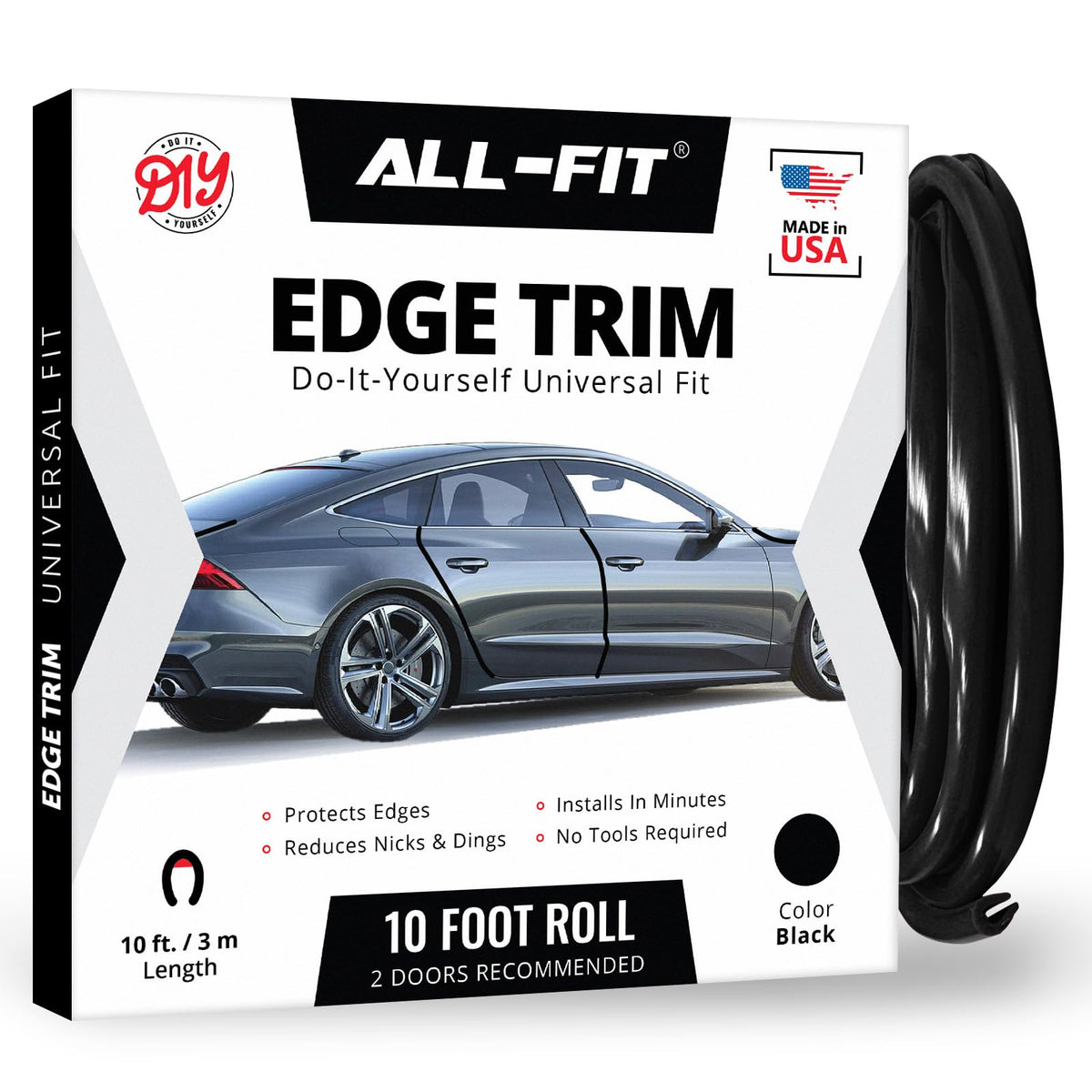 All-Fit Automotive door edge protector on a car door edge for universal protection.