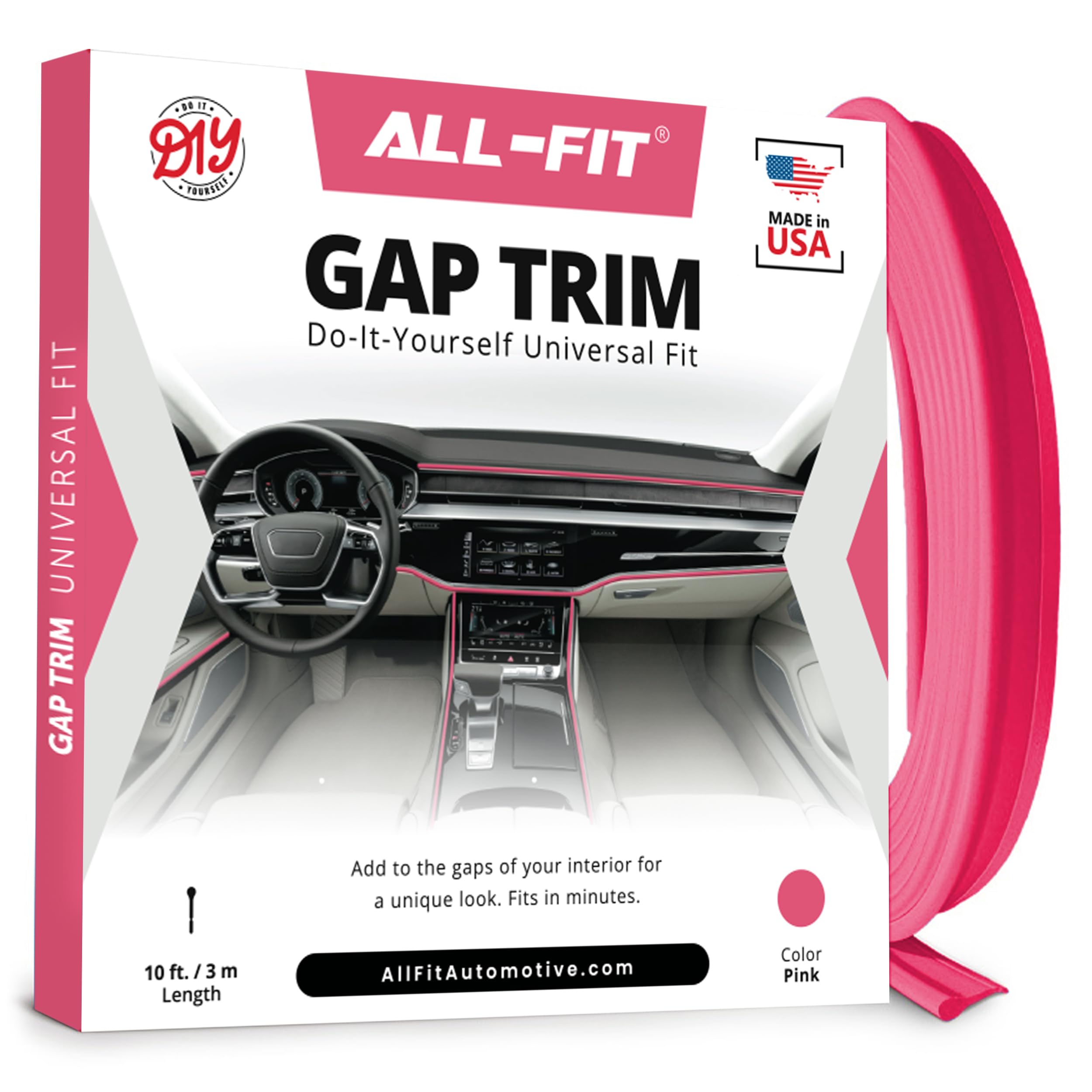 All-Fit Automotive gap filler 10 ft pink trim on dashboard for a seamless look.