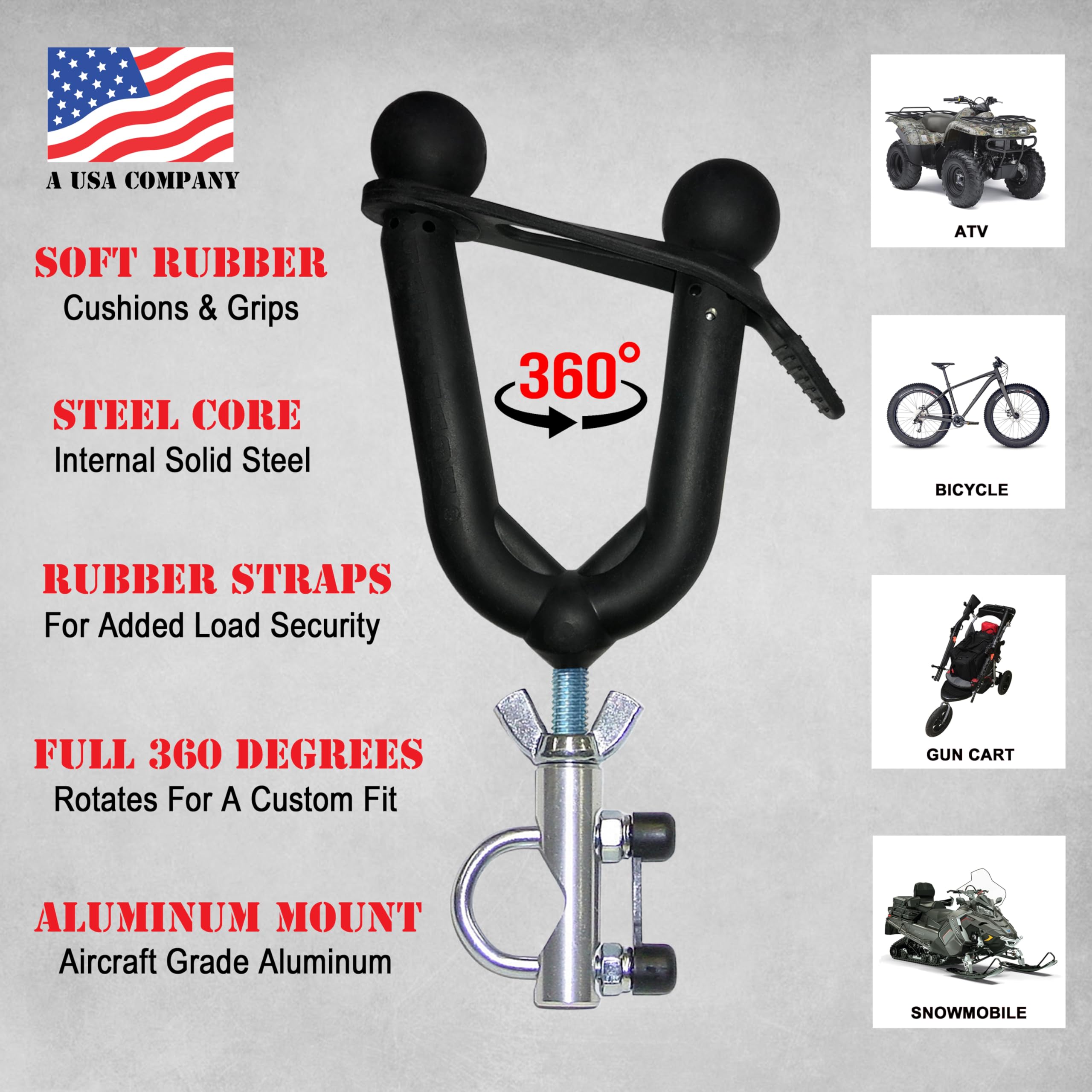 All Rite Pack Rack demonstrates 360-degree rotation for flexible gear fit.