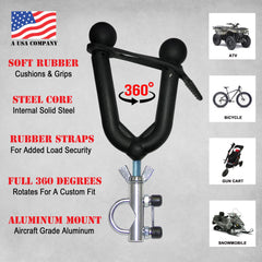 All Rite Pack Rack demonstrates 360-degree rotation for flexible gear fit.