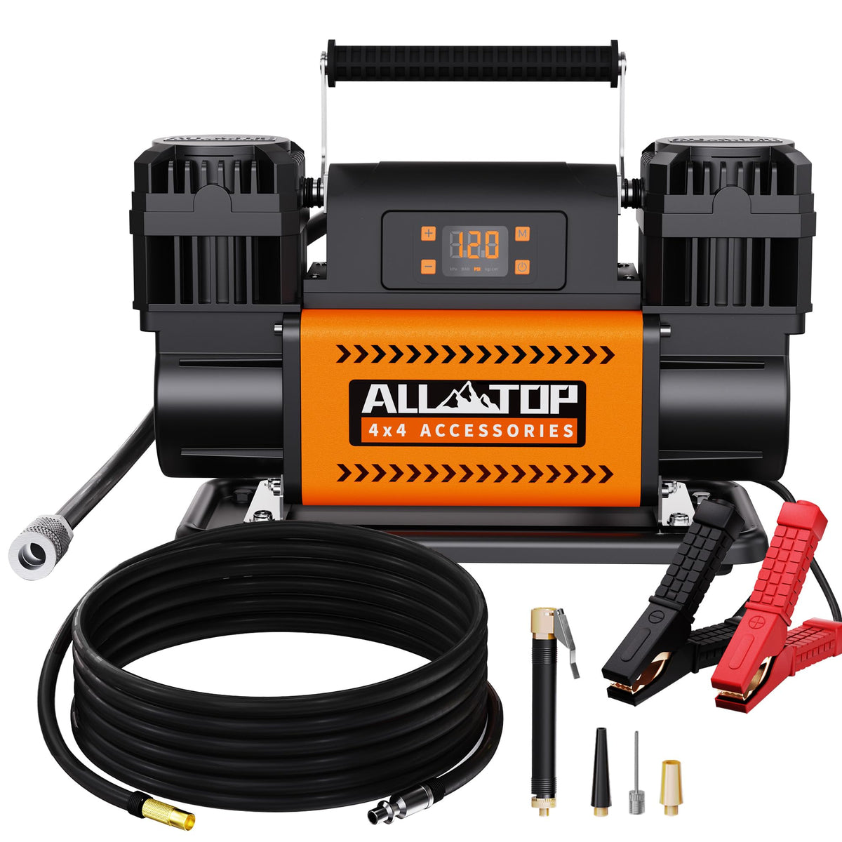 ALL-TOP 12V air compressor with LCD panel enables precise preset pressure for safe inflations.