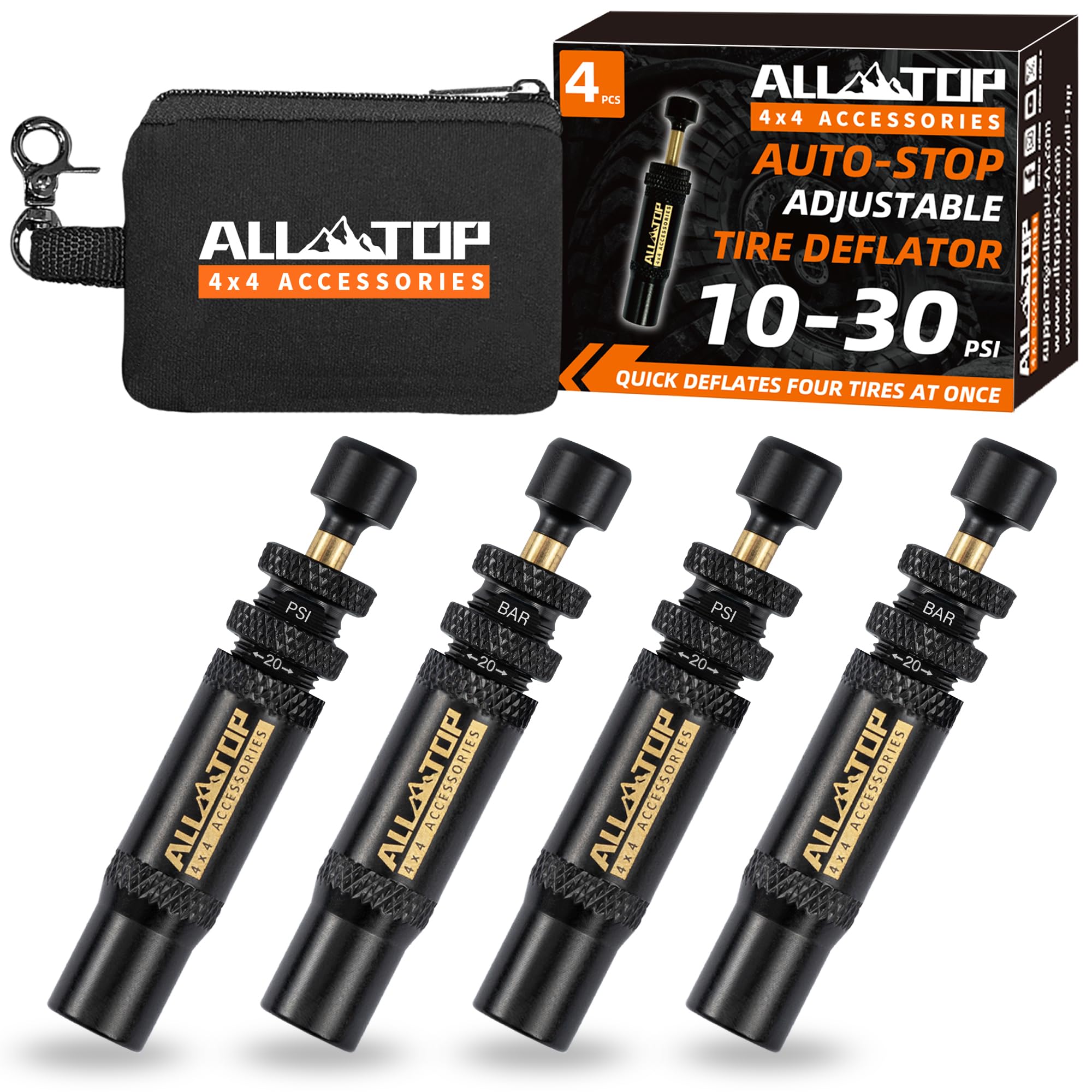 ALL-TOP adjustable auto-stop tire deflator kit with four valves for quick off-road air down