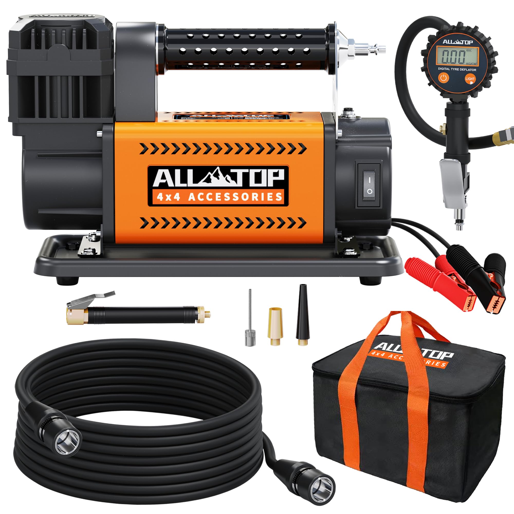 ALL-TOP air compressor includes three nozzle adapters for various tires.