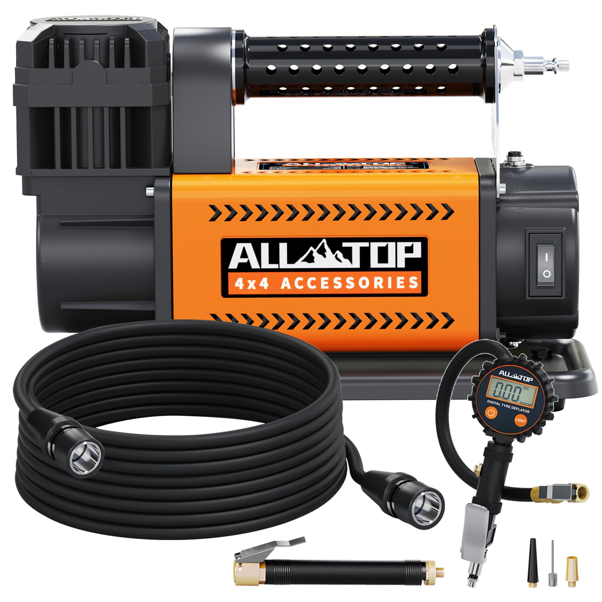 ALL-TOP air compressor with digital gauge for precise tire inflation on the go.