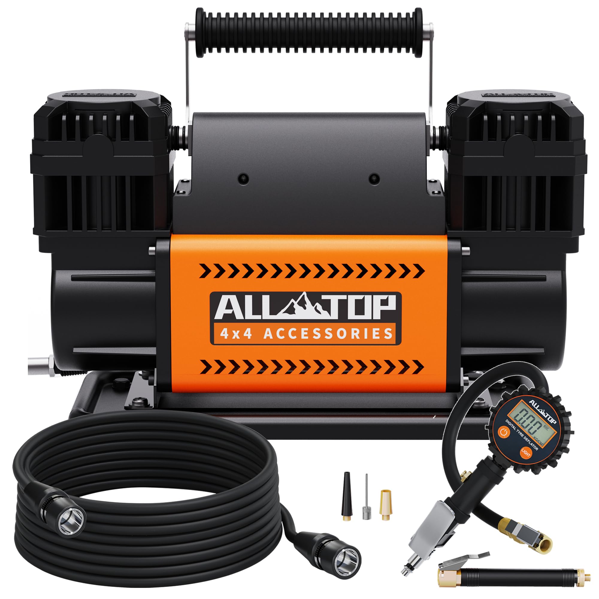 ALL-TOP dual-cylinder air compressor provides fast tire inflation for trucks and RVs