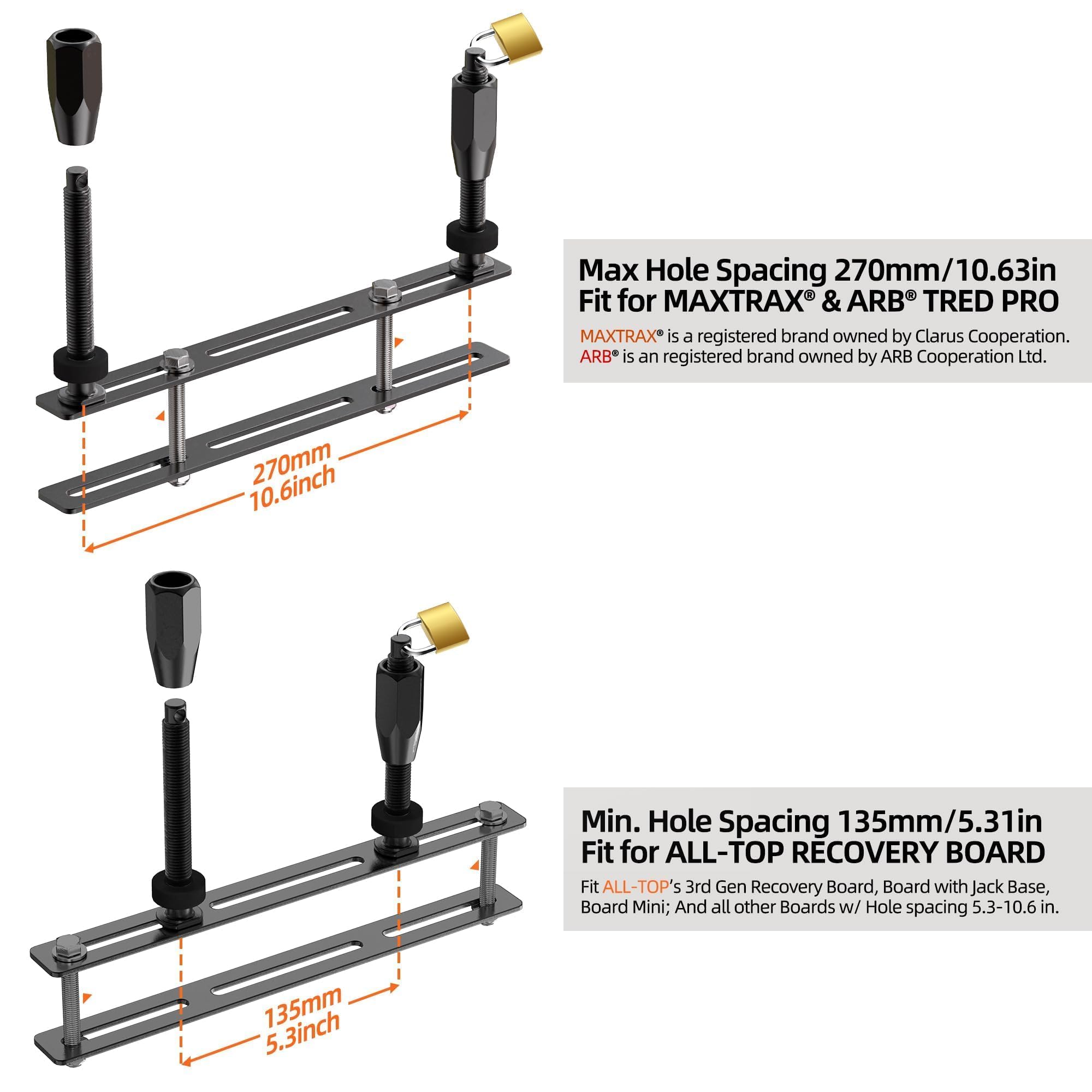 ALL-TOP Recovery Board Mount Kit anti-theft holes closeup showing secure locking options.