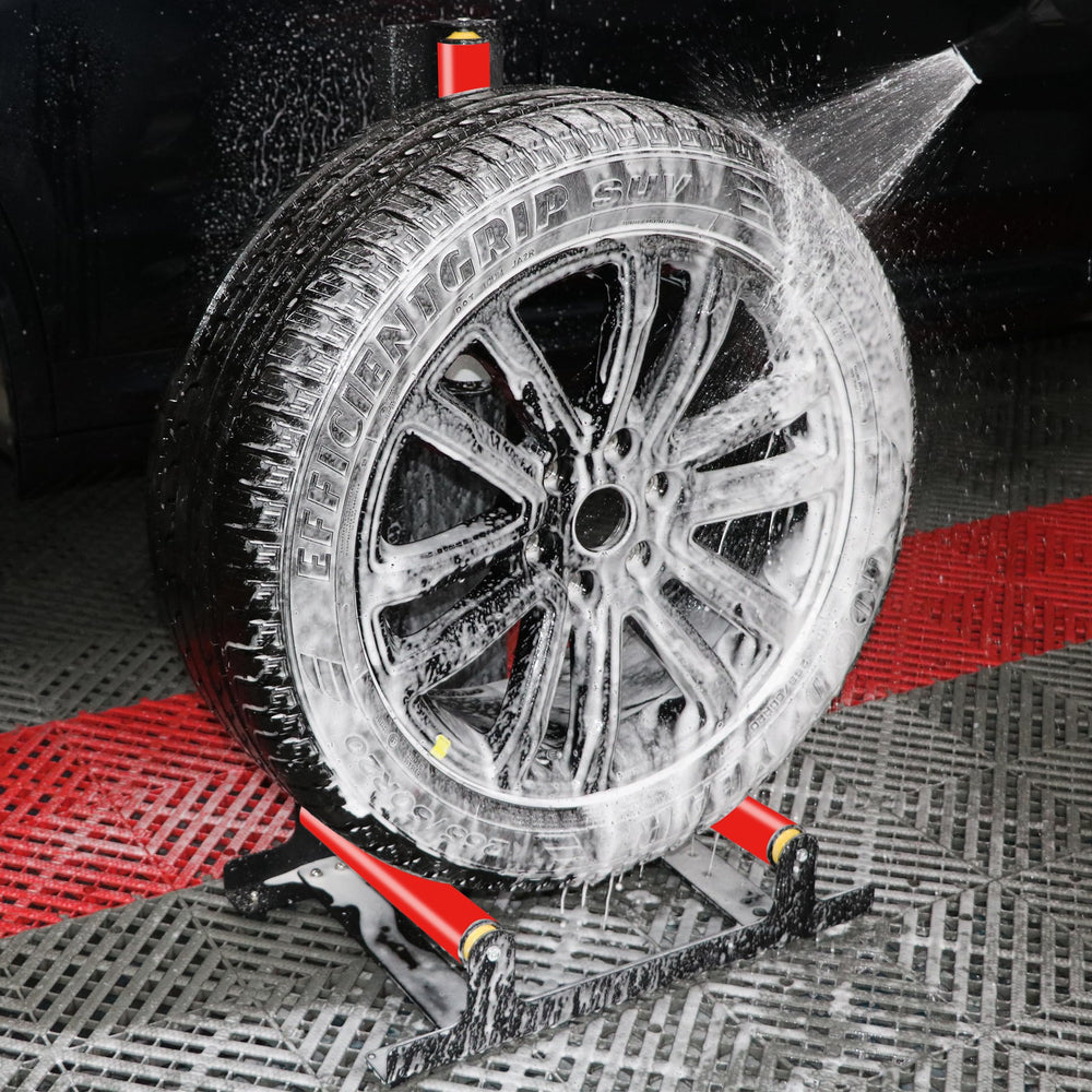 All4DETAIL stand in-use shows efficient wheel cleaning with fast rotation