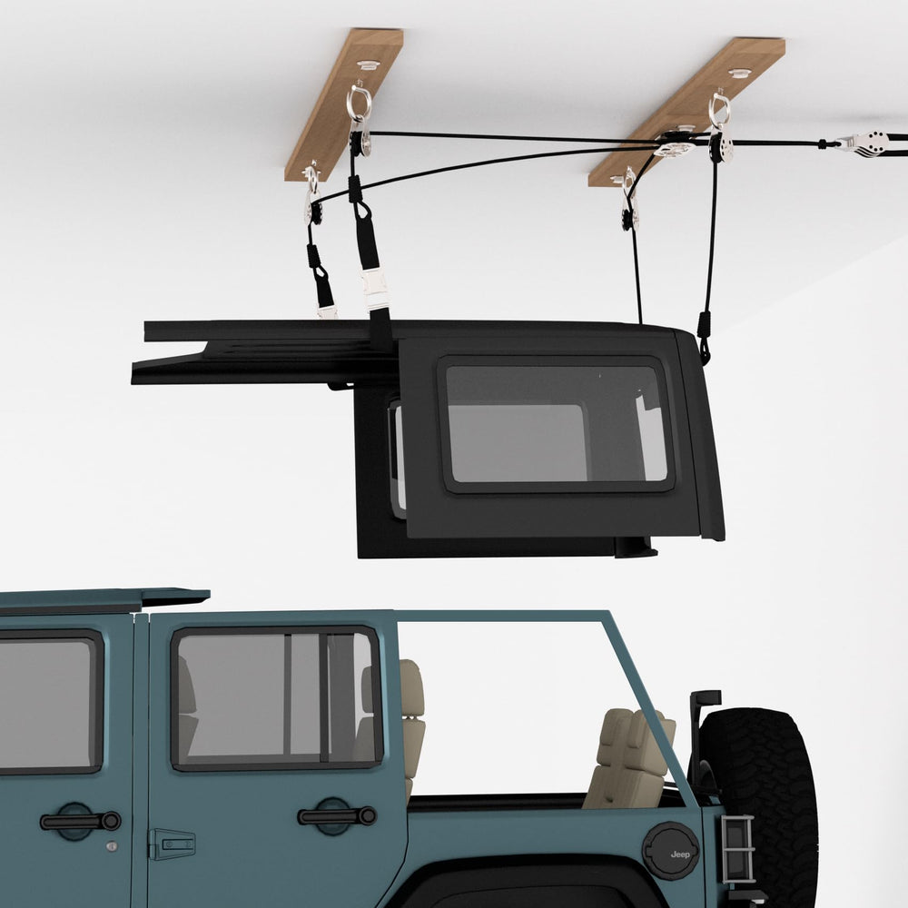 ALLCOS hardtop lift shown for Jeep Wrangler setup, enabling effortless removal and storage.