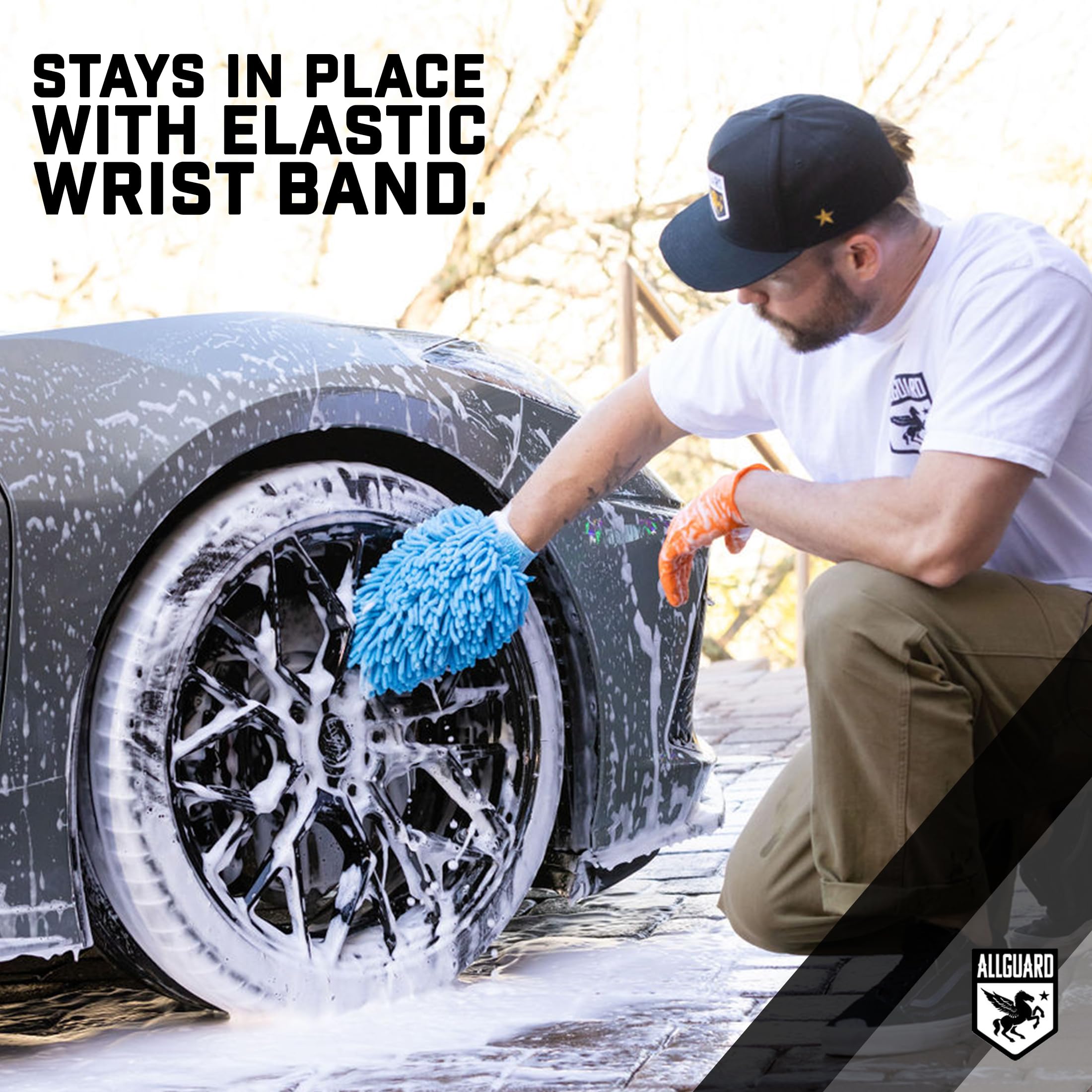 AllGuard mitt with absorbent chenille fibers holds soap and water for quick washing