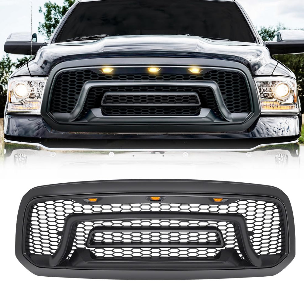 Allinoneparts front grille with amber lights on Ram 1500, rugged look enhancement
