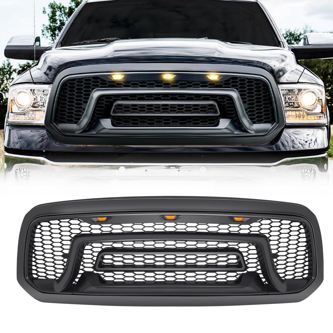 Allinoneparts front grille with amber lights on Ram 1500, rugged look enhancement