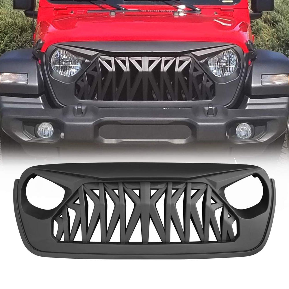 Allinoneparts shark grille on Jeep Wrangler front view with bold matte black finish