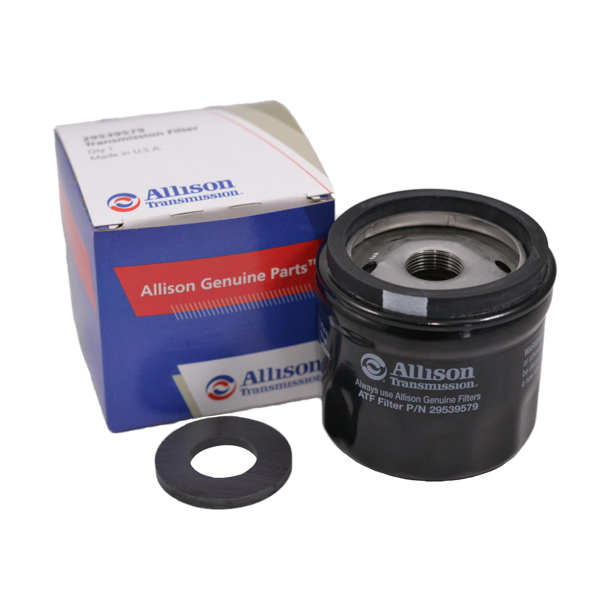 Allison external-spin-on filter front view with magnet for cleaner transmission oil.