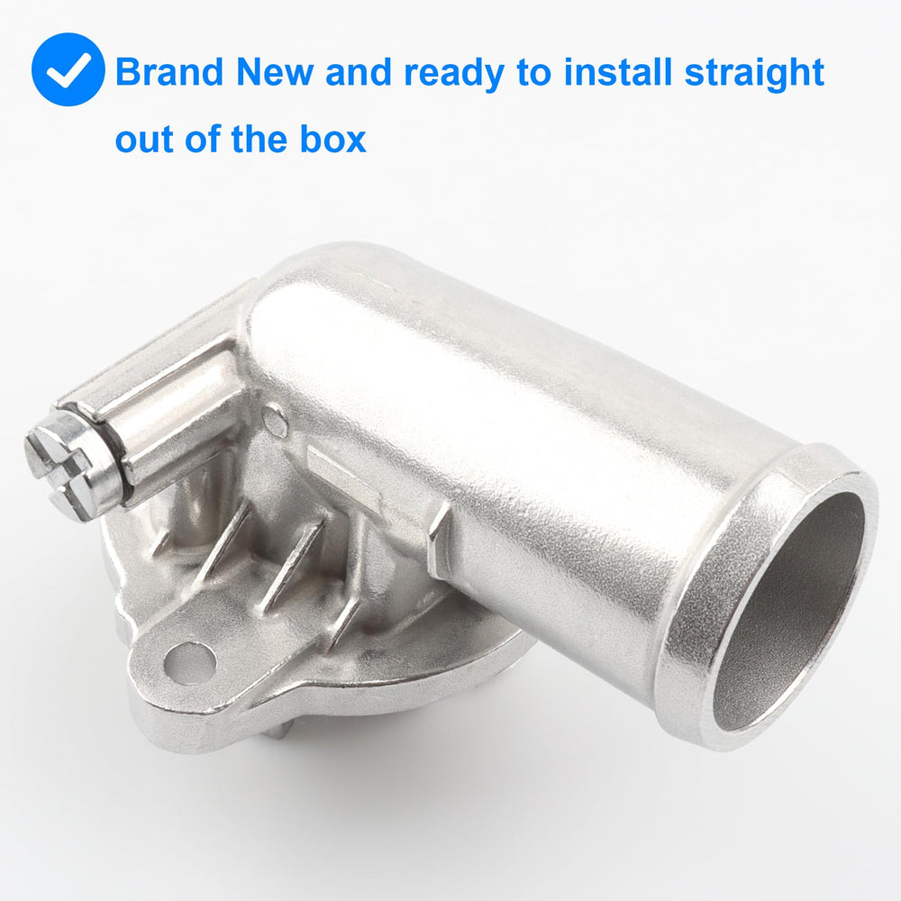Allmotorparts aluminium thermostat housing assembly with clear flow path illustration