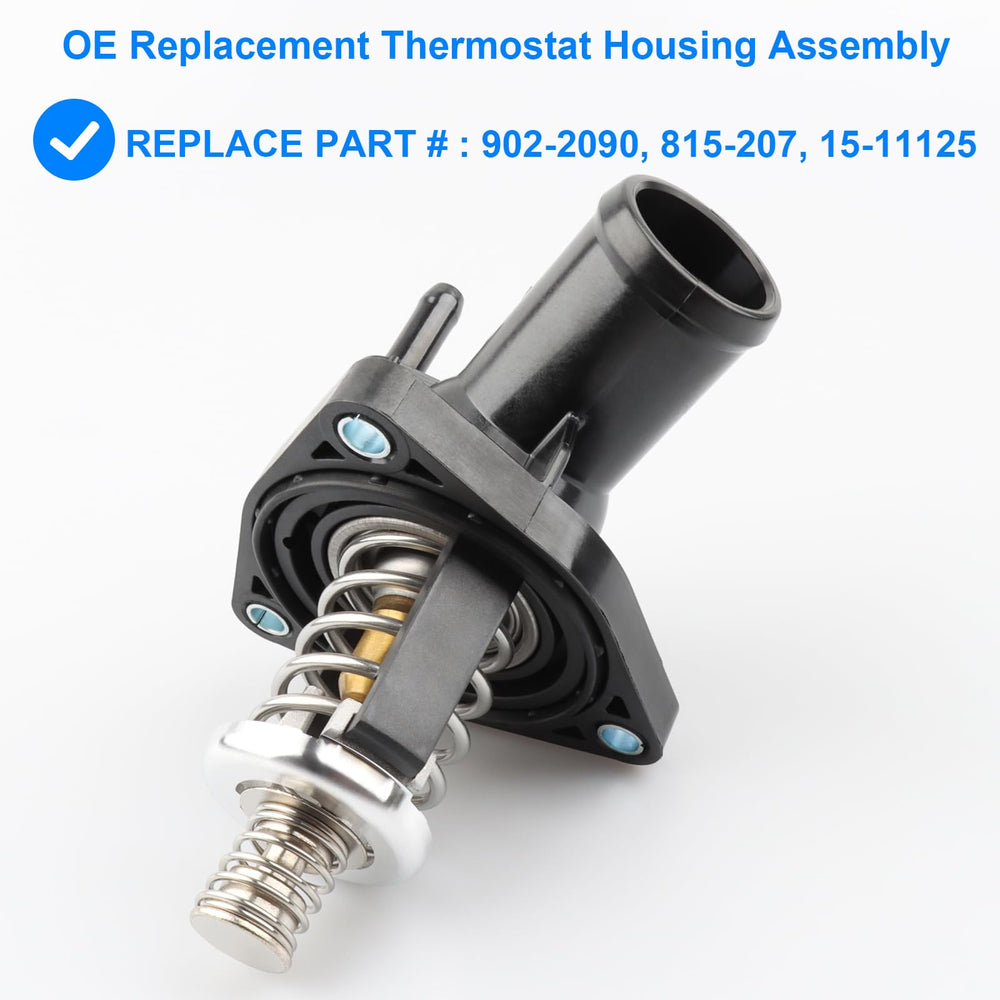 Allmotorparts thermostat housing assembly back view highlighting connection ports and seals.