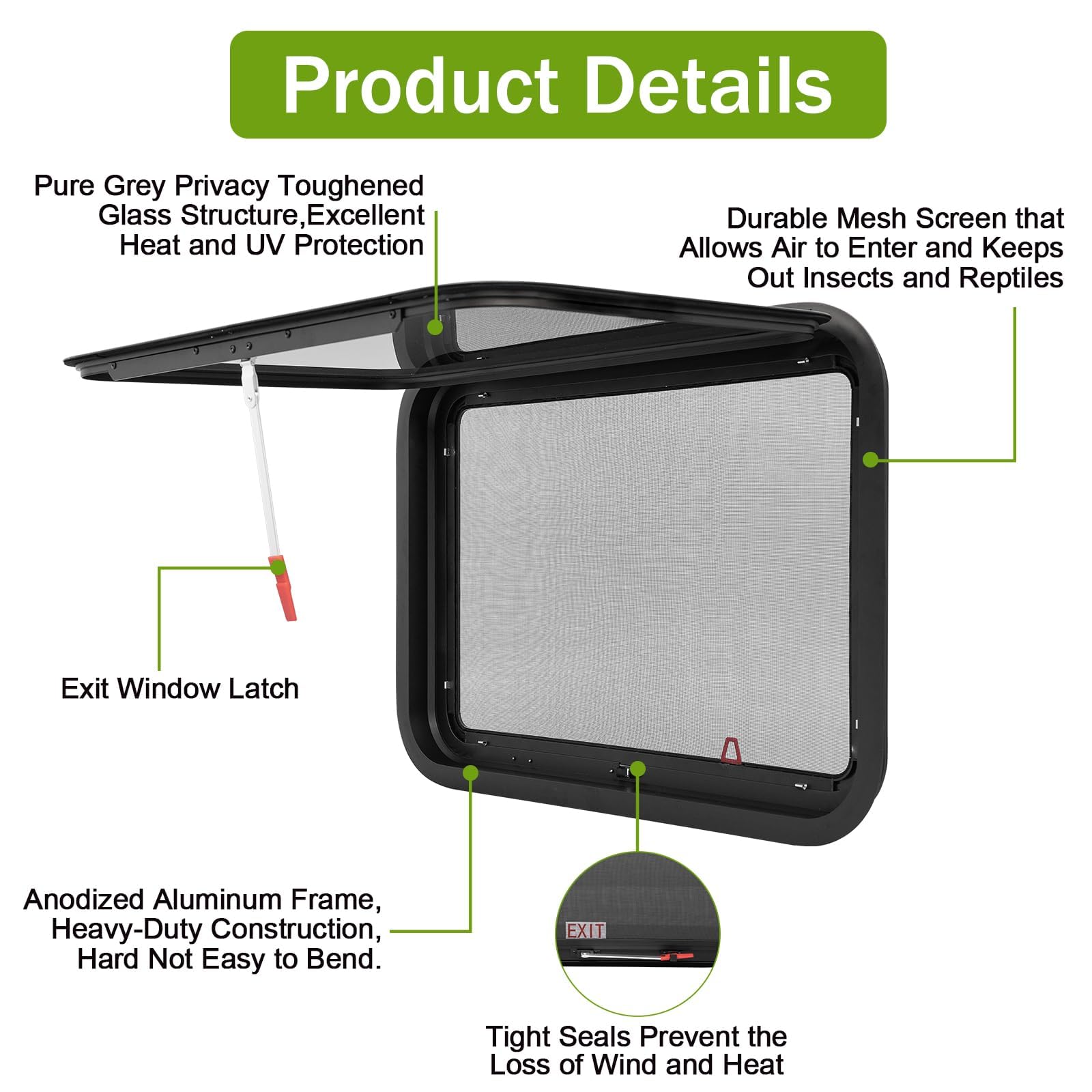 AlloTemlass RV Window interior view highlights the emergency lock for inside safety.