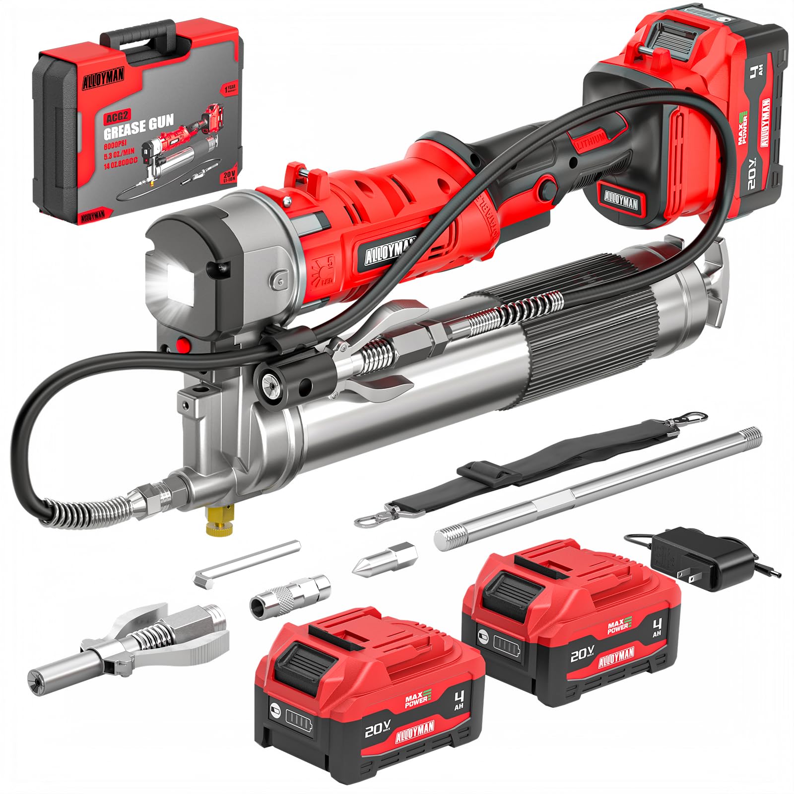 Alloyman 2in1 grease gun in pistol mode for rapid tractor lubrication.