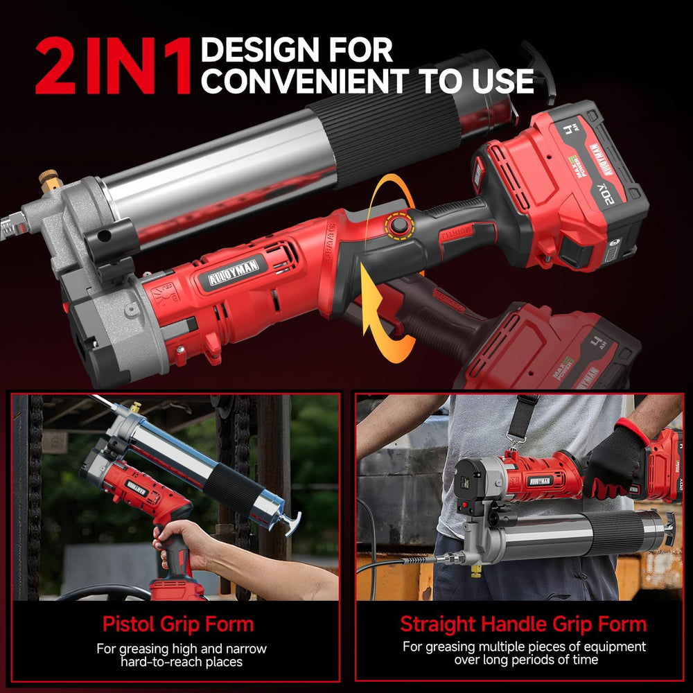 Alloyman 2in1 grease gun in straight mode reaching tight spaces.