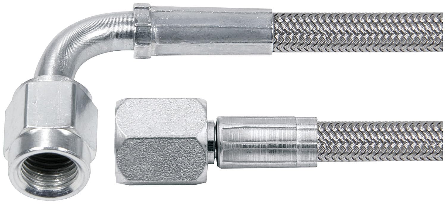 Allstar Performance brake hose with braided stainless exterior and PTFE lining, straight to 90° female ends for flexible brake lines