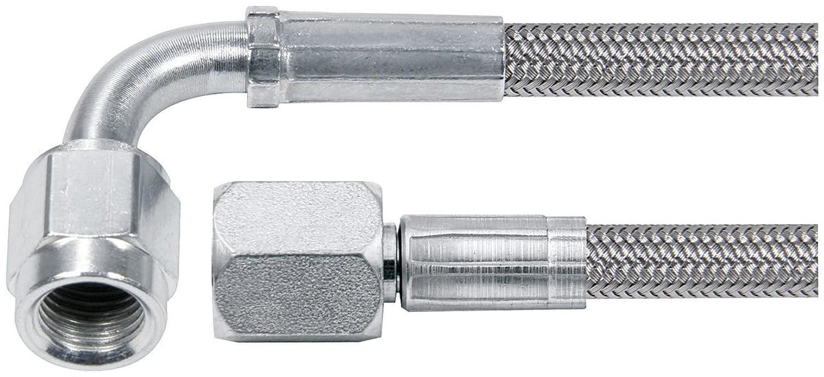 Allstar Performance brake hose with braided stainless exterior and PTFE lining, straight to 90° female ends for flexible brake lines