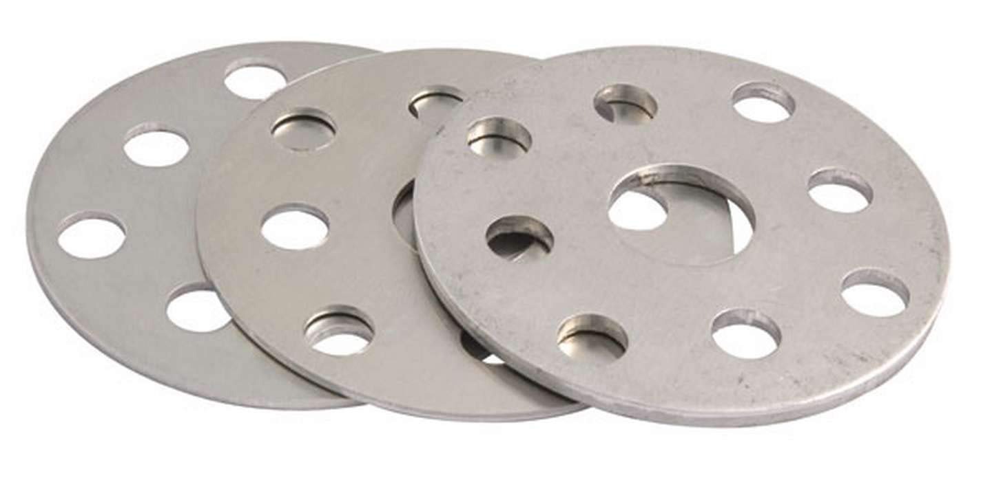 Allstar Performance pulley shim close-up, aluminum finish, thickness options for Ford/GM pumps.