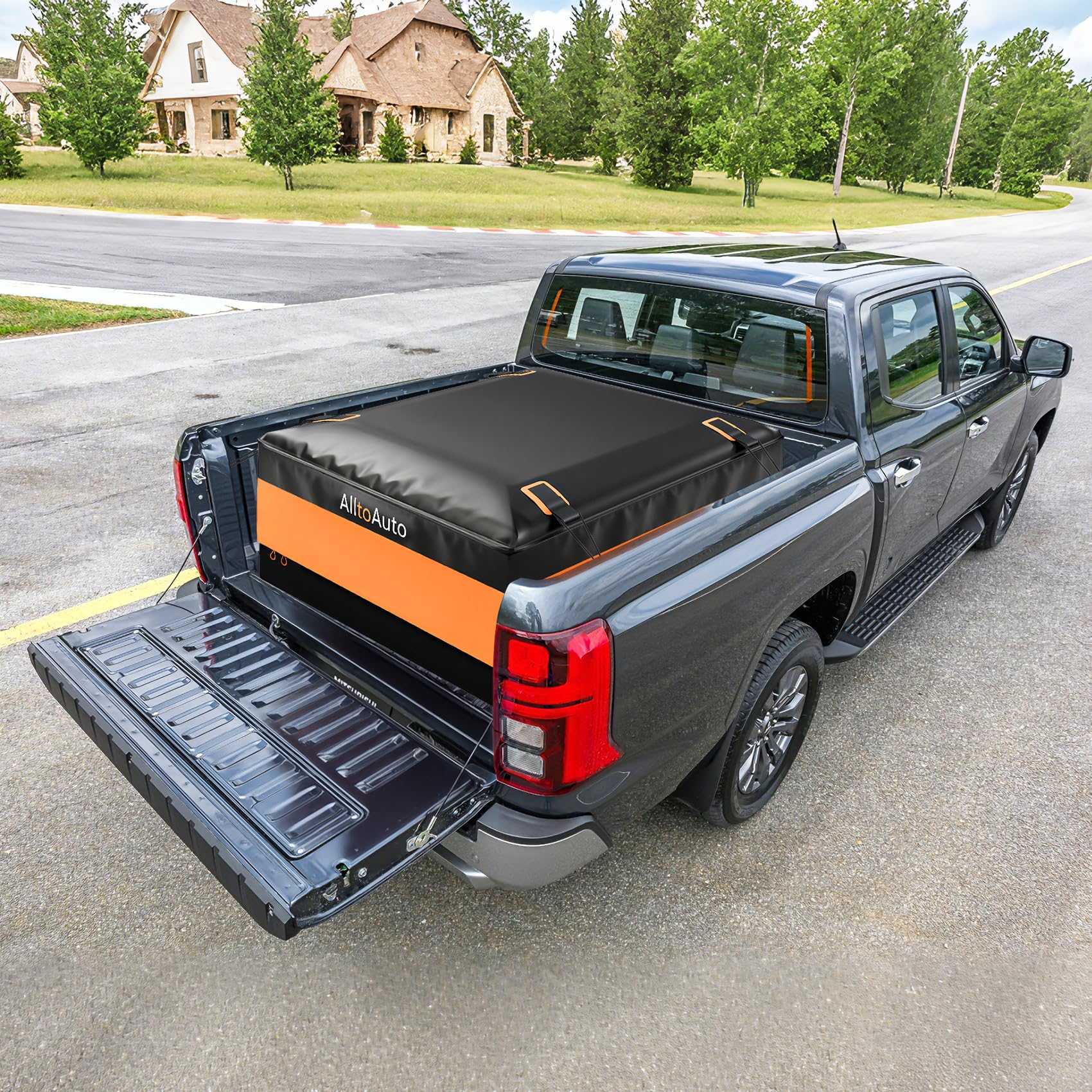 AlltoAuto bag loaded with camping gear in a truck bed for outdoor use