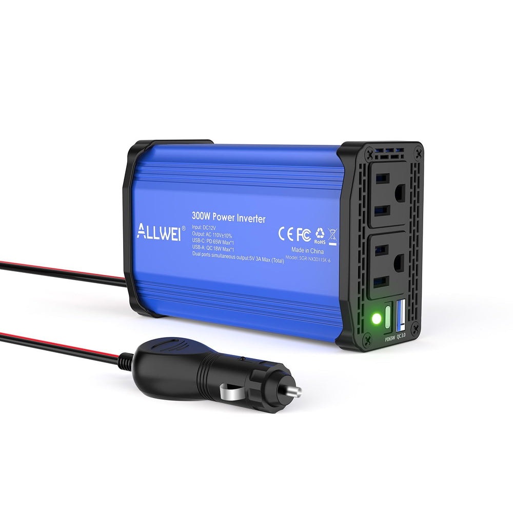 ALLWEI 300W inverter with dual 110V outlets powers laptops on the road