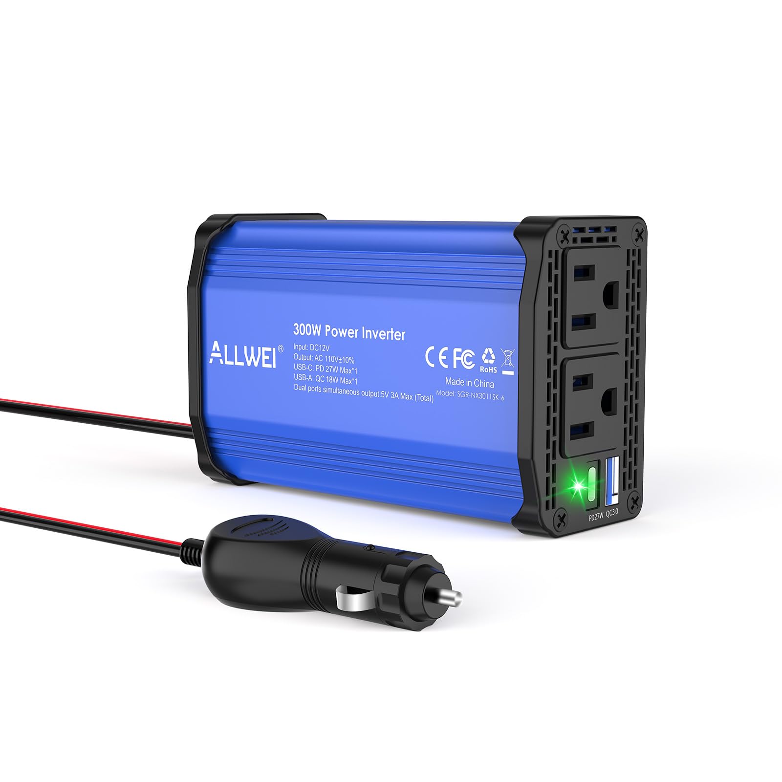 ALLWEI 300W car inverter front view with dual outlets for devices