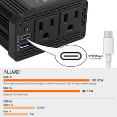 ALLWEI 300W inverter back ports showing connection options