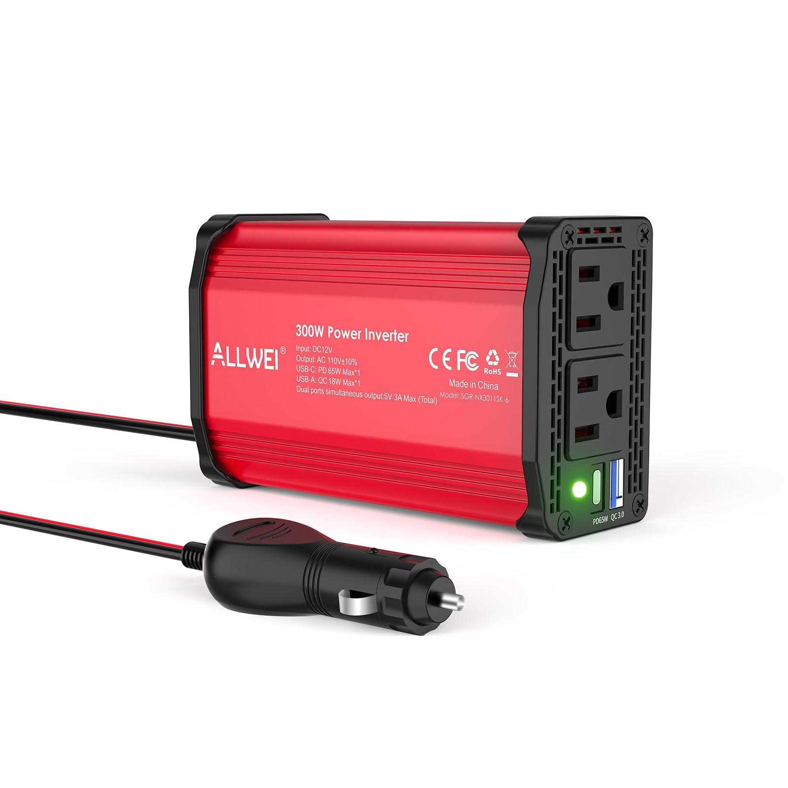 ALLWEI 300W inverter front view showing dual outlets for on the go power
