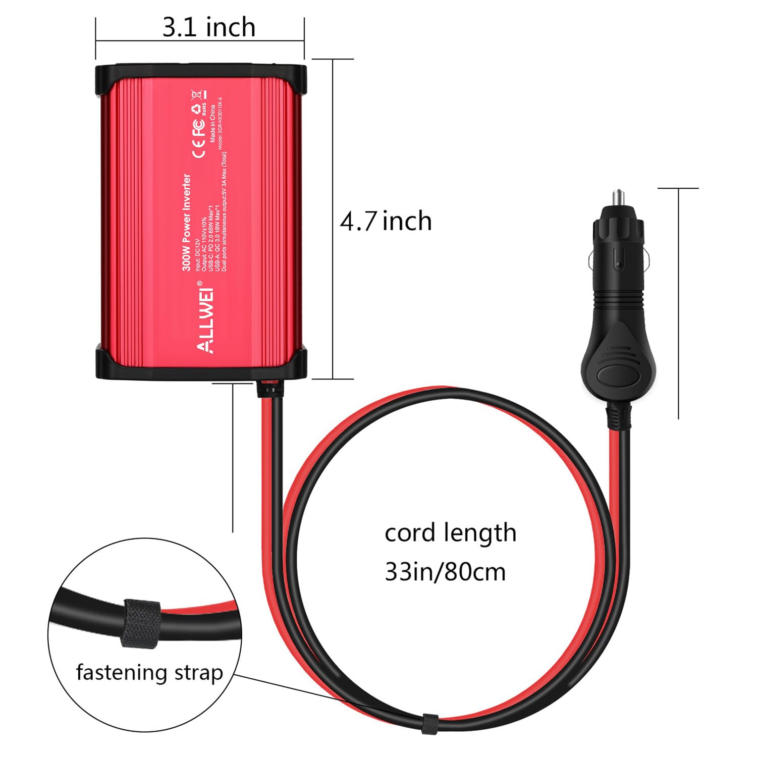 ALLWEI 300W inverter in car usage setup on dashboard for convenient power