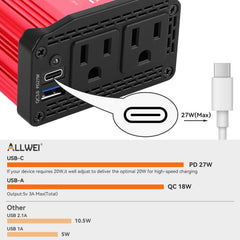 ALLWEI 300W inverter side ports for USB-C and USB-A.