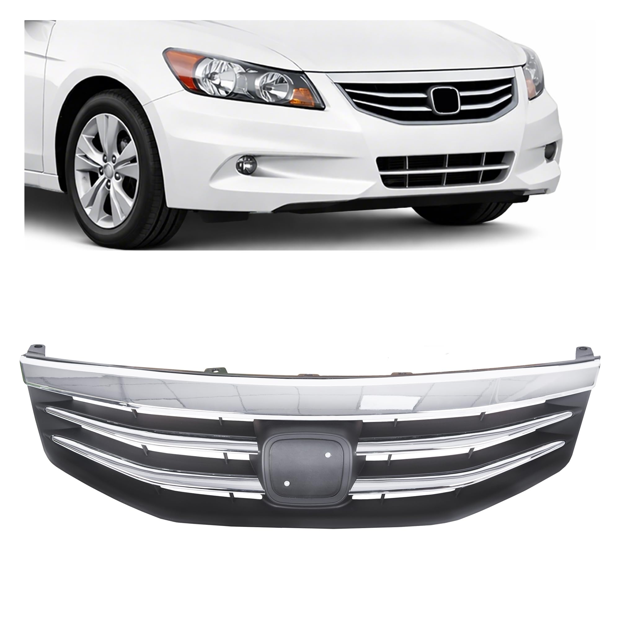 ALMULOO front upper grille for 2011-2012 Accord sedan in black chrome enhances style and fit.